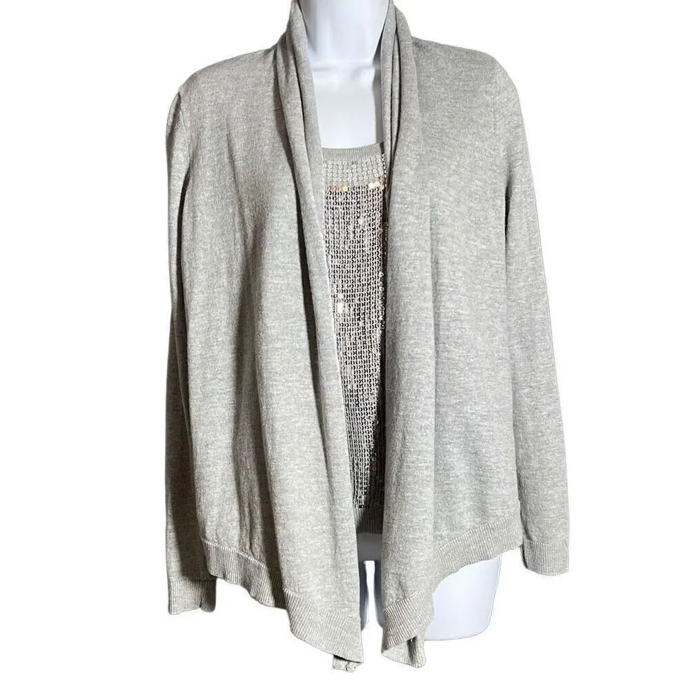 Michael Kors Women's SequinOpen Front Long Sleeve Gray Cardigan Size Medium
